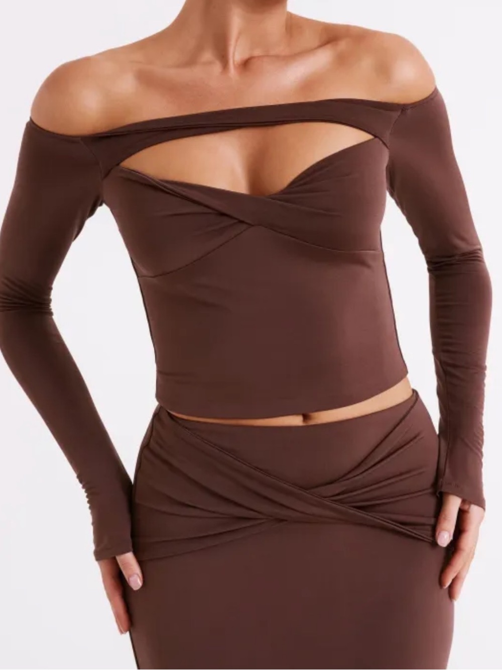 Meshki Brown Long-Sleeve Ruched Off-Shoulder Top